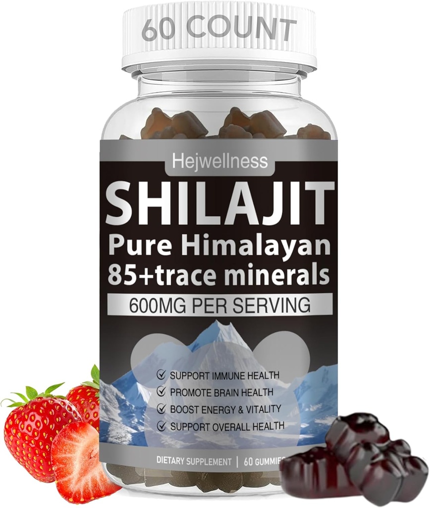 Shilajit Gummies - 600 mg Natural de Shilajit Resin con 85+ Minerales de rastro, ácido fúlvico " Fitonutrientes - Sabor de frambuesa - para la energía, apoyo inmunológico - 60 Gummies, 1 mes de suministro