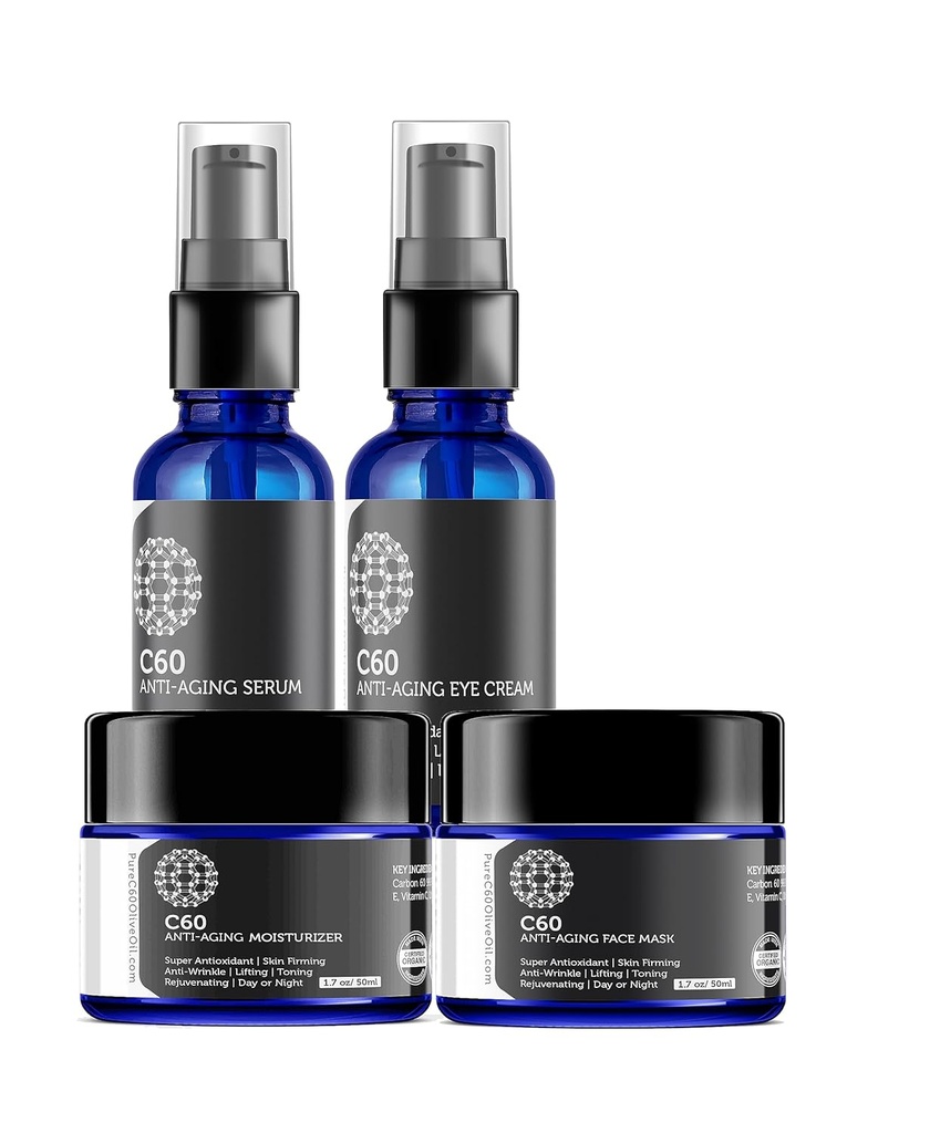 Solución completa de cuidado de piel C60 - Moisturizador anti envejecimiento, máscara, crema de ojos y suero con Superantioxidante carbono 60 - Luminoso para manchas oscuras, incluso tono de piel, área de ojos, líneas finas " arrugas