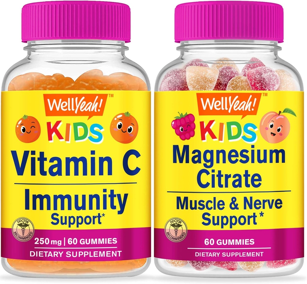 BuenoSí Vitamina C Niños + Citrato de Magnesio Niños, Gummies Bundle - Gran Tasting, Suplemento de Vitamina, Gluten Gratis, GMO Gratis, Chewable Gummy