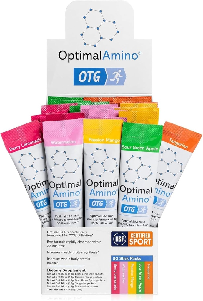 OptimalAmino OTG Stick Packs, 5 Flavor Variety Box (30 Conde), 99% Utilizado Aminoácidos esenciales (EAA) Suplemento, Aumentar la recuperación muscular, Vegan/Keto Pre/Post Workout, NSF certificado para el deporte