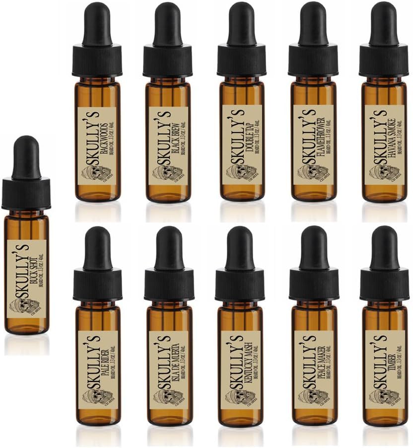 Skully's Beard Oil Sample Set (11) 5 ml drams de vidrio, paquete de viaje
