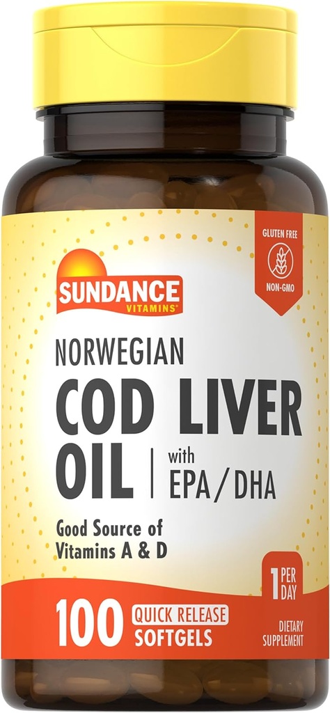 Sundance Norwegian Cod Liver Oil Softgels ← con EPA y DHA TENIDO Buena Fuente de Vitaminas A &amp; D TENIDO NO GMO Y Gluten Suplemento Libre