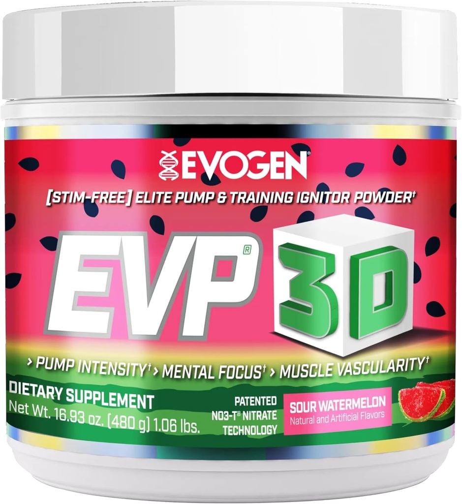 Evogen EVP 3D - Estim Free Pre Workout Powder para Hombres &amp; Mujeres ← Sugar Free Non Stim Preworkout with Beta Alanine and Creatine for Energy &amp; Pump ← Sour Watermelon ← 40 Servings