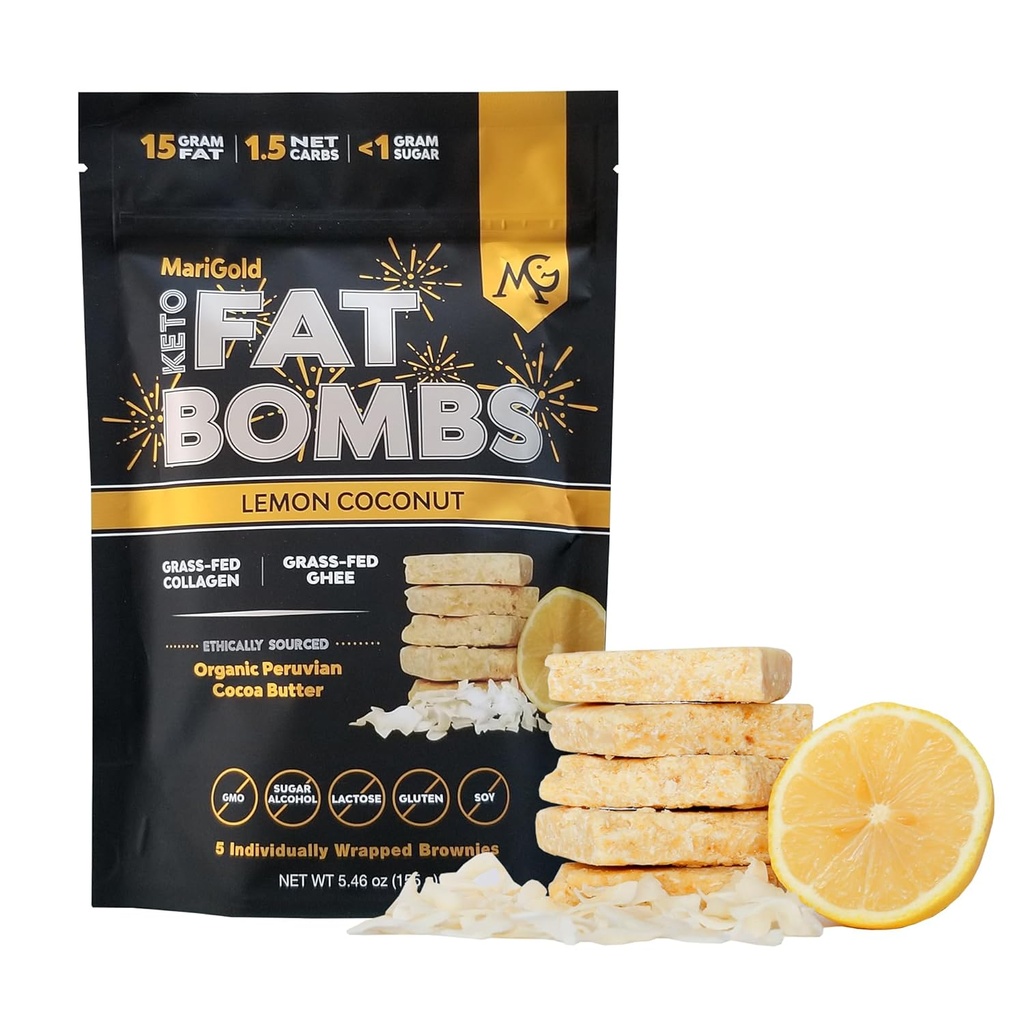 MariGold Keto Fat Bombas - Coco de limón - Bajo Carb, Collagen Rich, Grass-fed Ghee, Organic Cocoa Butter, Gluten-Free, Non-GMO (1 bag, 5 Servings)