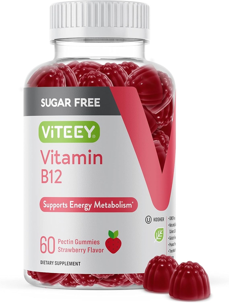 Viteey Vitamina B12 Gummies for Adults &amp; Teens 1000mcg, Sugar Free - Good for Energy, Metabolism, Natural Energy Support - Vegan, Gelatin Free, Gluten Free, GMO Free - Chewable Strawberry Flavored