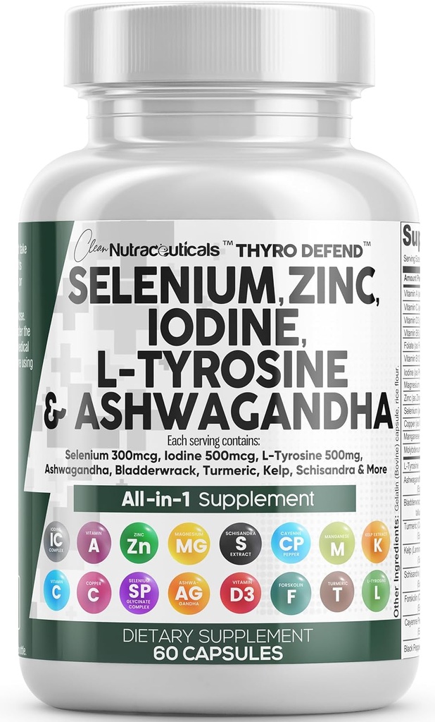 Clean Nutra Selenium 300mcg Iodine 500mcg Tiroid Support for Women &amp; Hombres Silencio L Tyrosine 500mg Ashwagandha Suplemento Bladderwrack, Turmeric, Kelp, Schisandra Zinc Pills Capsule Suplementos
