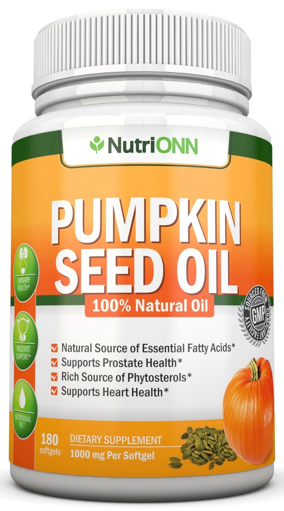 Pumpkin Seed Oil - 1000MG - 180 Softgels - Cold-Pressed Natural Pumpkin Seed Oil - Natural Source of Essential Fatty Acids - Great for Hair Growth, Prostate Health and GI Tract