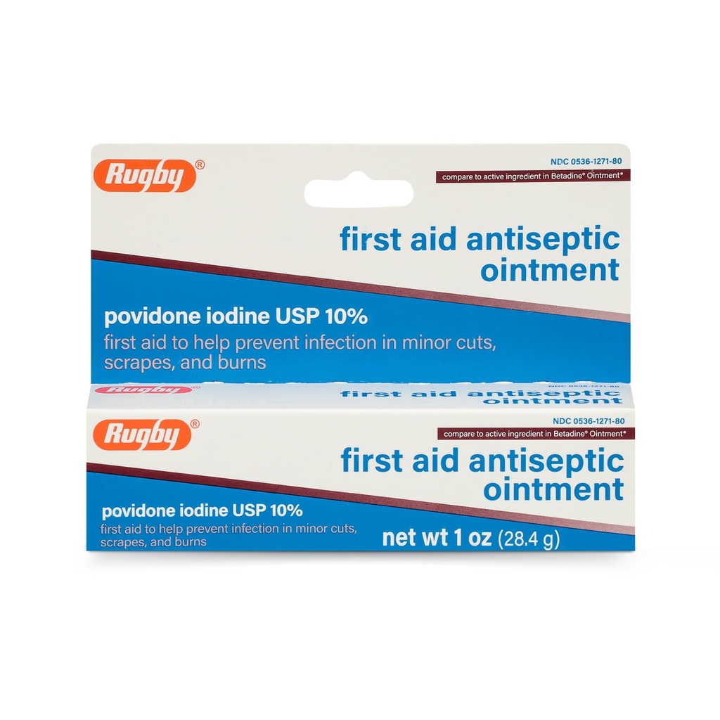 Rugby First Aid Antiseptic Ointment, Povidone Iodine USP 10% Topical Solution, Helps Prevent Infection in Minor Cuts, Scrapes and Burns - 1 Oz.