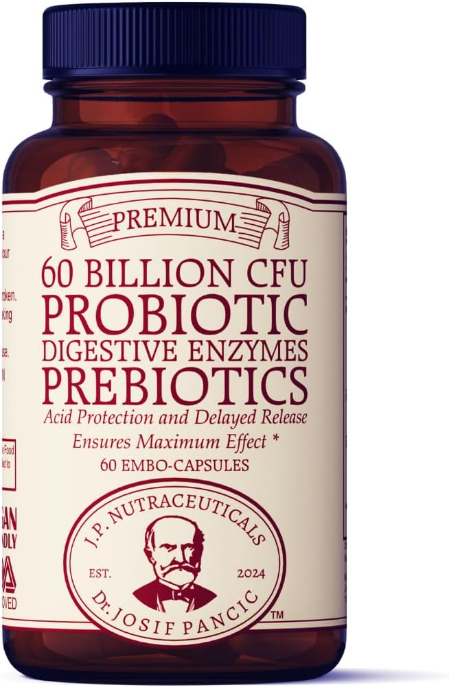 Suplemento Probiótico y Prebiótico, 60 CFU de Billones, Enzimas Digestivos, Protección de Ácidos, Liberación retrasada, 60 cápsulas, 60 días de suministro