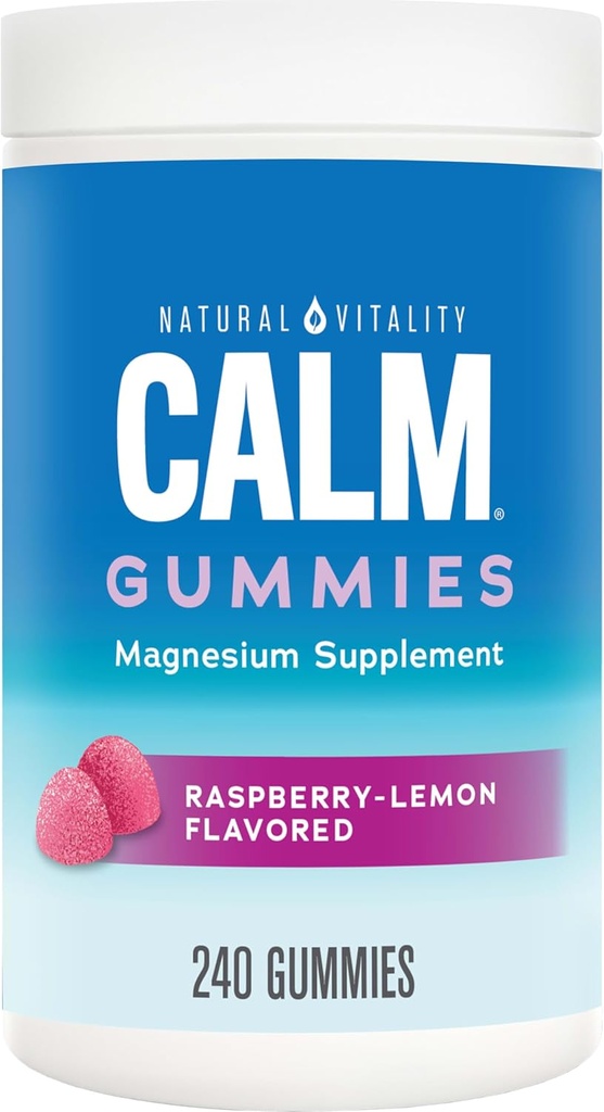 Natural Vitality Calm, Magnesium Citrate Suplemento, Stress Relief Gummies, Supports a Healthy Response to Stress, Gluten Free, Vegan, Raspberry Lemon Flavored, 240 Gummies