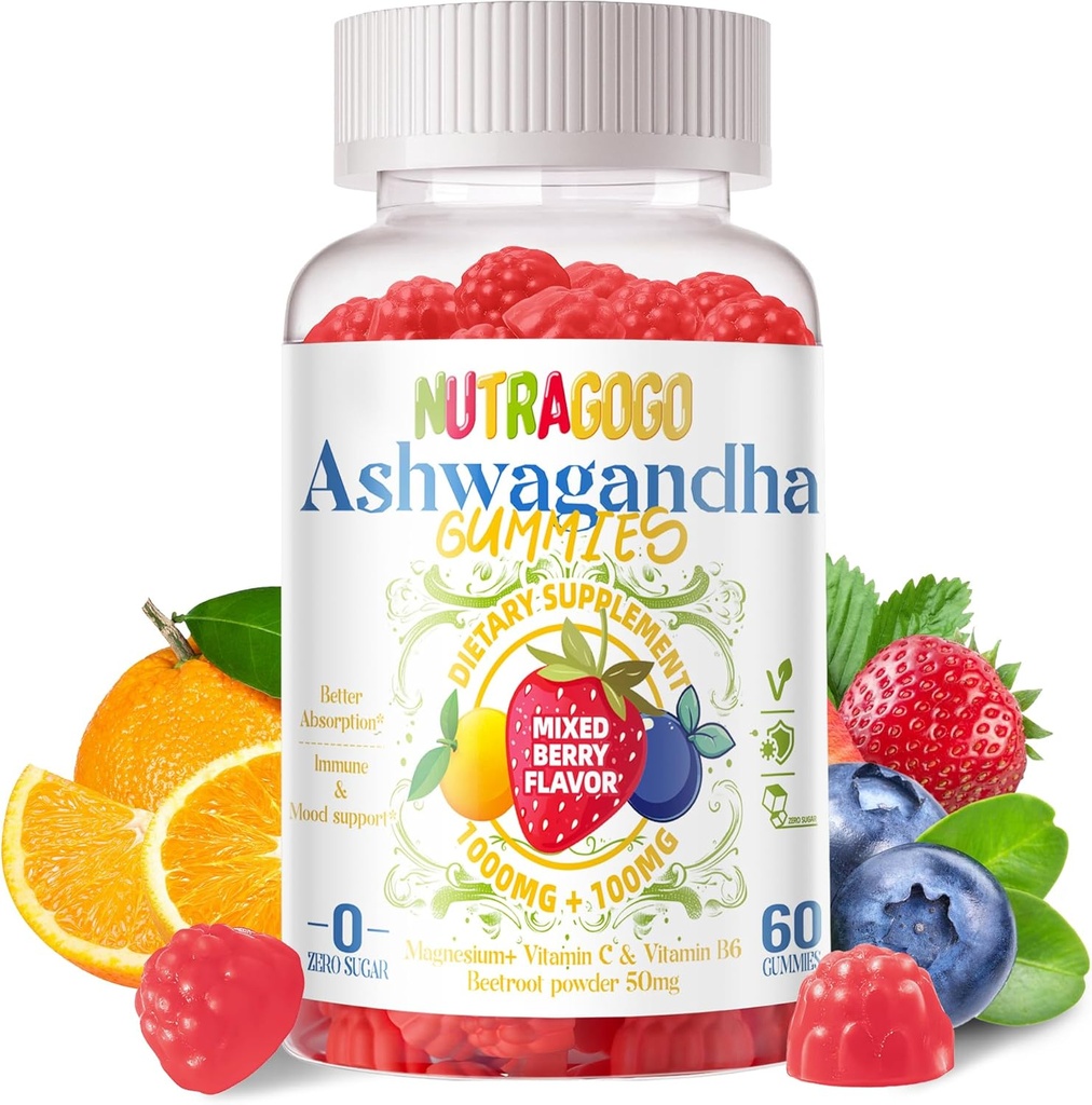Ashwagandha Gummies & Vitamina D3 Gummies 60 Conde - Suplemento de Aswangdha Orgánica para mejorar el sueño, el alivio de estrés " calma de la humedad(Mixed Berry, Vegan, Plant Based,Gluten-Free " Gelatin Free)-1pack