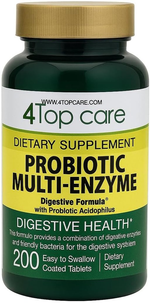 Probiótico Multi-Enzimas con Prebióticos y Acidofílico Probiótico para Salud Digestiva y Gut, Proporcionando Alivio de Incomodidad y Bloating. Suplemento dietético, 200 Cuenta.