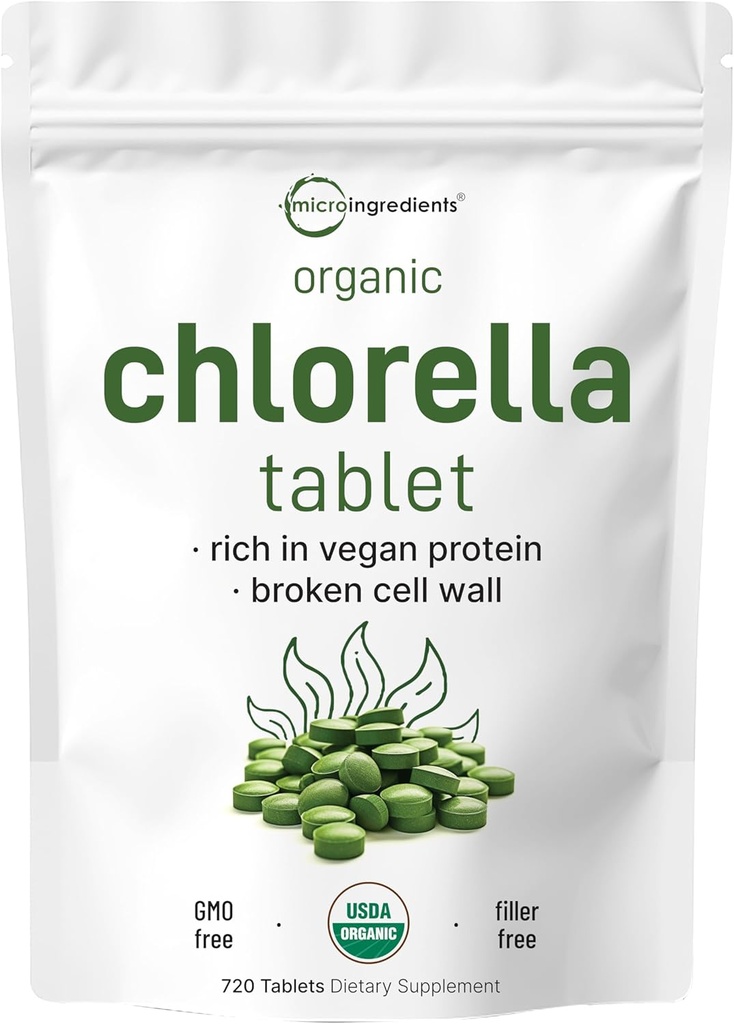 Clorella orgánica Tablets, 500mg Por Tablet, 720 Tabs (360 Grams), 4 Meses de suministro, Muro de células rotas, Rico en proteína vegana &amp; vitaminas, No Filler, No Additives " Non-GMO  durable Purre Green Algae Superfood