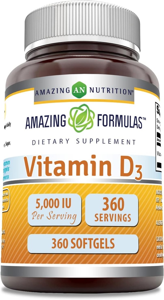 Fórmulas asombrosas Vitamina D3 (Cholecalciferol) Suplemento TEN 5000 UI por Servir Silencio 360 Softgels ← Non-GMO TEN Gluten-Free TEN Made in USA