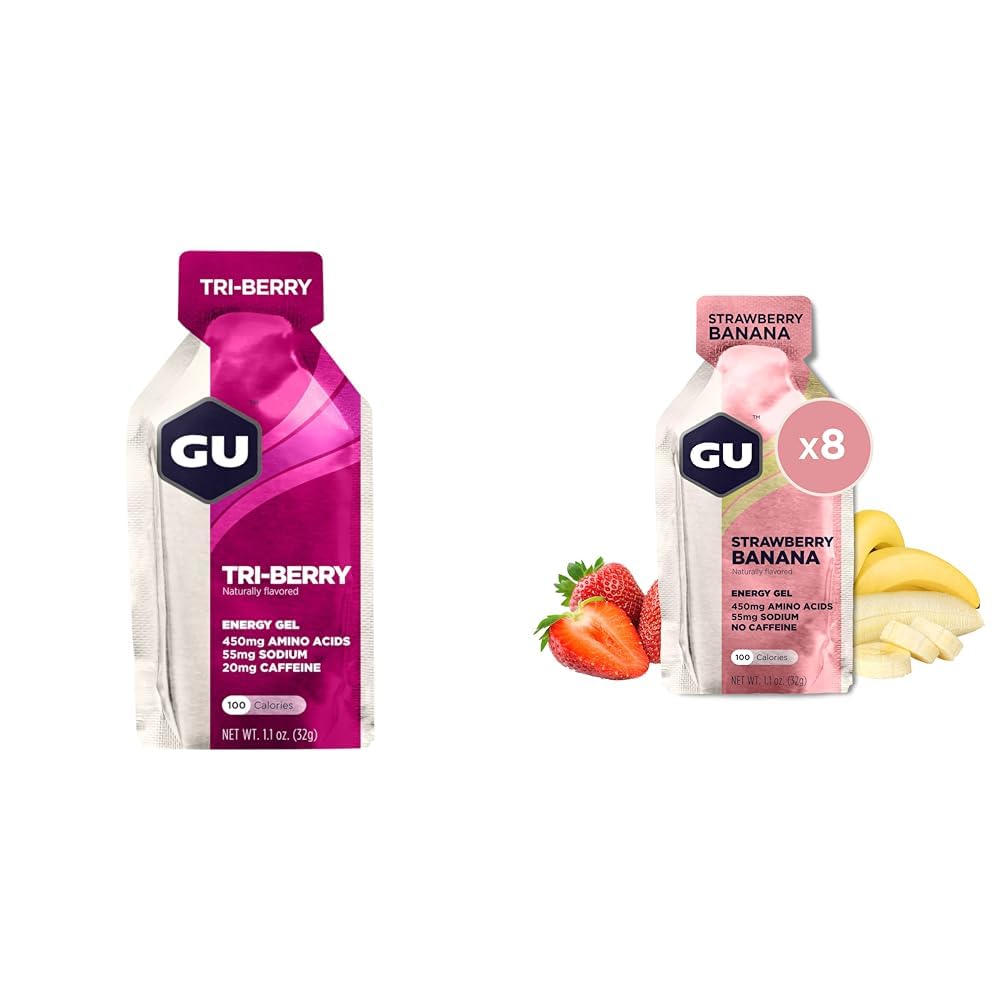 GU Energy Original Sports Nutrition Gel Tri-Berry y Strawberry Banana Flavor 8-Count Bundles