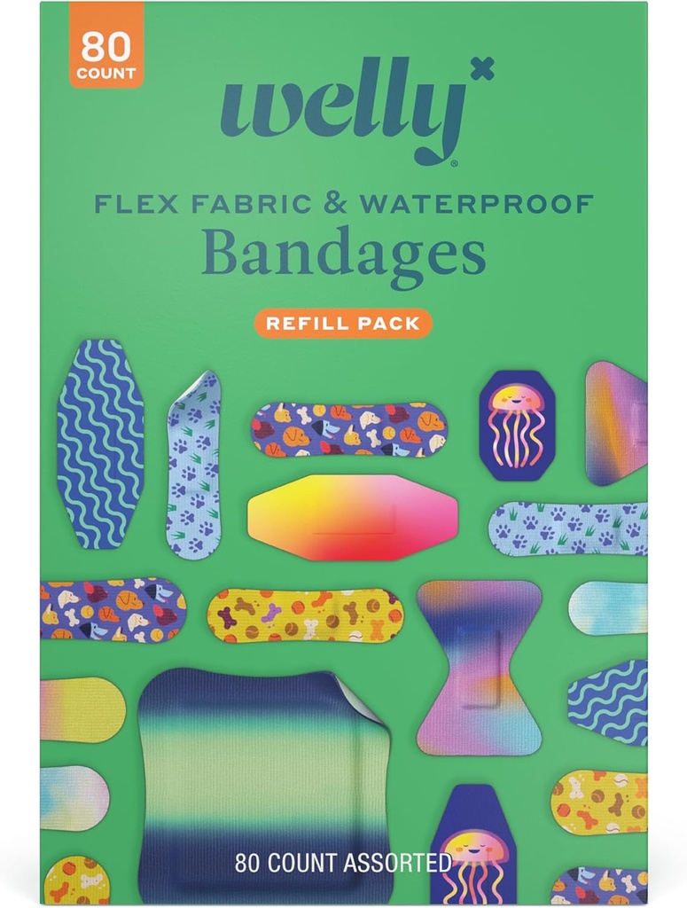 Welly Bandage Family Pack ¦ Adhesive Flexible Fabric &amp; Bandages impermeables ¦ Formas y patrones surtidos para cortes menores, rayas y heridas - 80 Condes