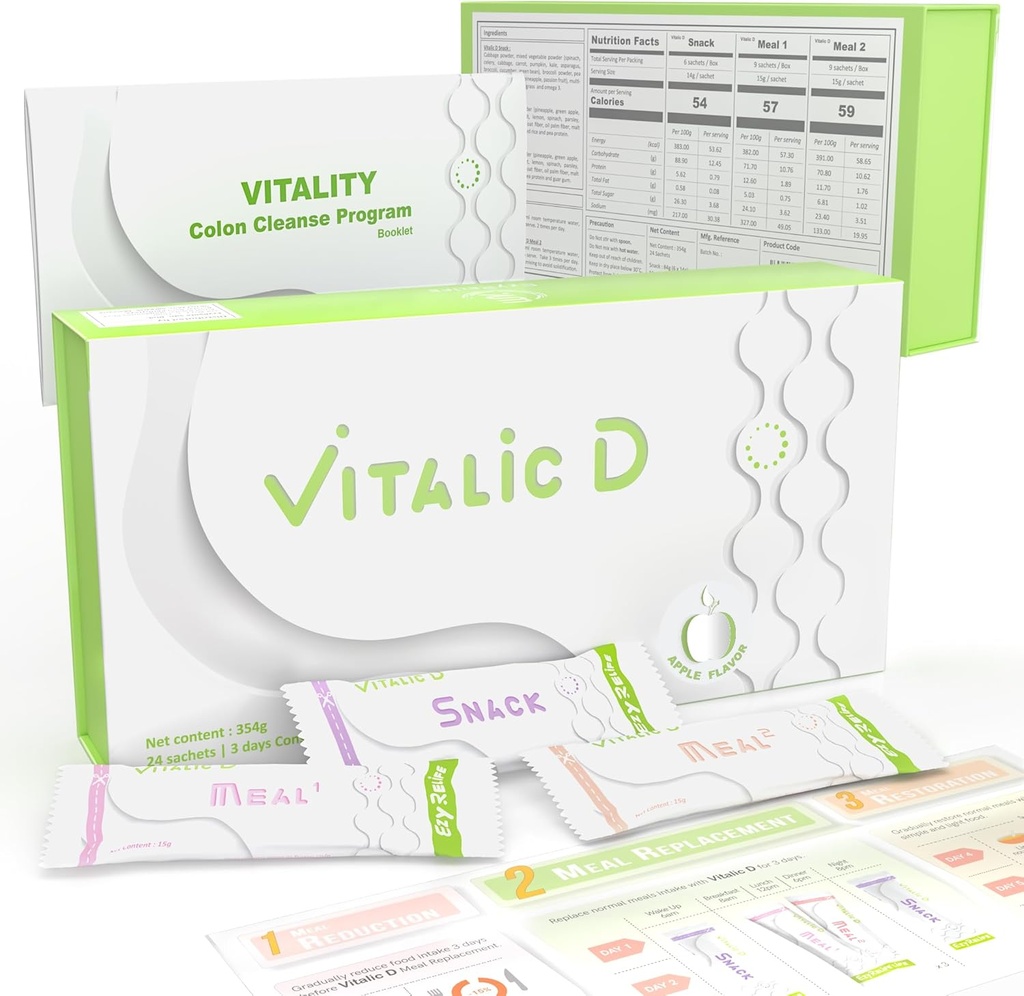 Vitalic D, 3-Day Cleanse Program " Gut Health Support ⋅ Plant-Based Detox Powder Drink for Digestive Reset, Light Feeling " Daily Wellness ← Apple Flavor