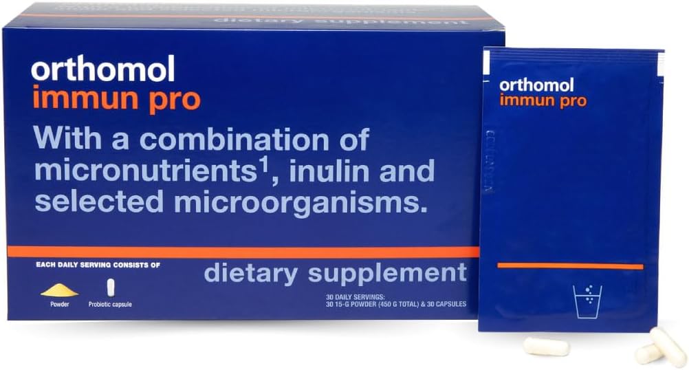 Orthomol Immun Pro, Apoyo Inmunitario, Suplemento Probiótico de Salud Gut, Fibra Prebiótica Inulina, Suministro de 30 días, Vitamina A, B, C, D, E, Zinc, Iodine, Probióticos para Mujeres y Hombres, Cápsulas de Polvo Diario