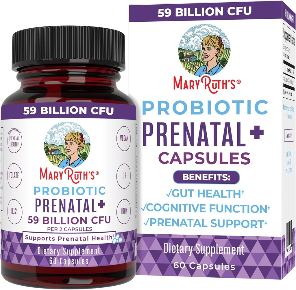MaryRuth Organics Prenatal Vitaminas &amp; Probiotics TEN 59 Billion CFU TEN Vitamin D3 &amp; B12 TEN Iron ANTERITO Folate TEN Selenium ANTE Choline TEN Vegan ANTE NO GMO ANTE 60 Capsules