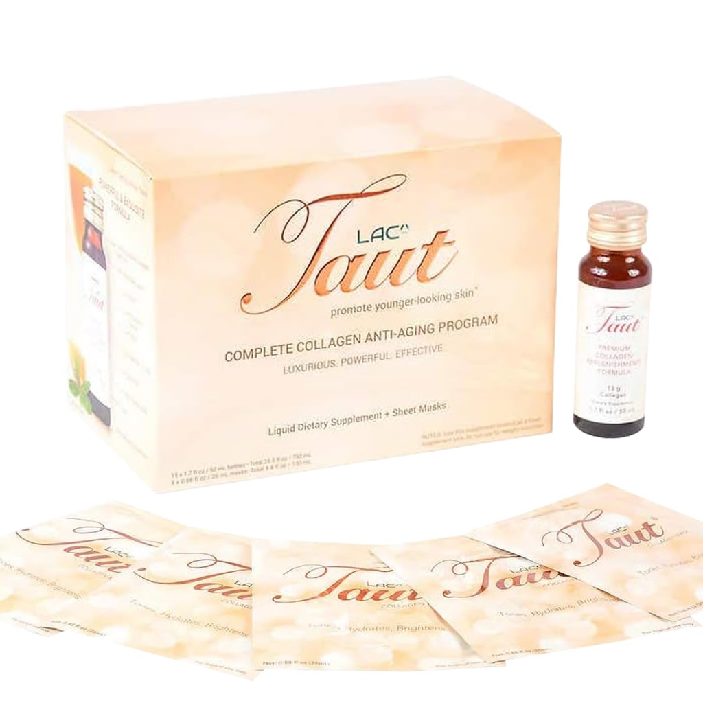 TAUT Marine Collagen Drink & Face Mask – 13,000mg Hydrolyzed Collagen Protein with Hyaluronic Acid for Youthful, Radiant Skin – Includes 15 Bottles and 5 Masks (30-Day Supply)
