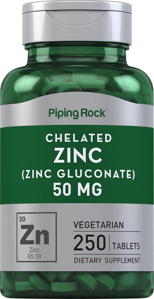Piping Rock Chelated Zinc 50mg TEN 250 Tablets TEN Gluconate TEN Vegetarian, Non-GMO, Gluten Free Supplement