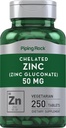Piping Rock Chelated Zinc 50mg TEN 250 Tablets TEN Gluconate TEN Vegetarian, Non-GMO, Gluten Free Supplement