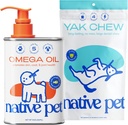 Native Pet Omega Oil for Dogs - Dog Fish Oil Supplements & Yak Chews for Dogs | Pasture-Raised and Organic Yak Cheese Himalayan Churpi Chews | 8 Oz. & 3 Large Yak Chews