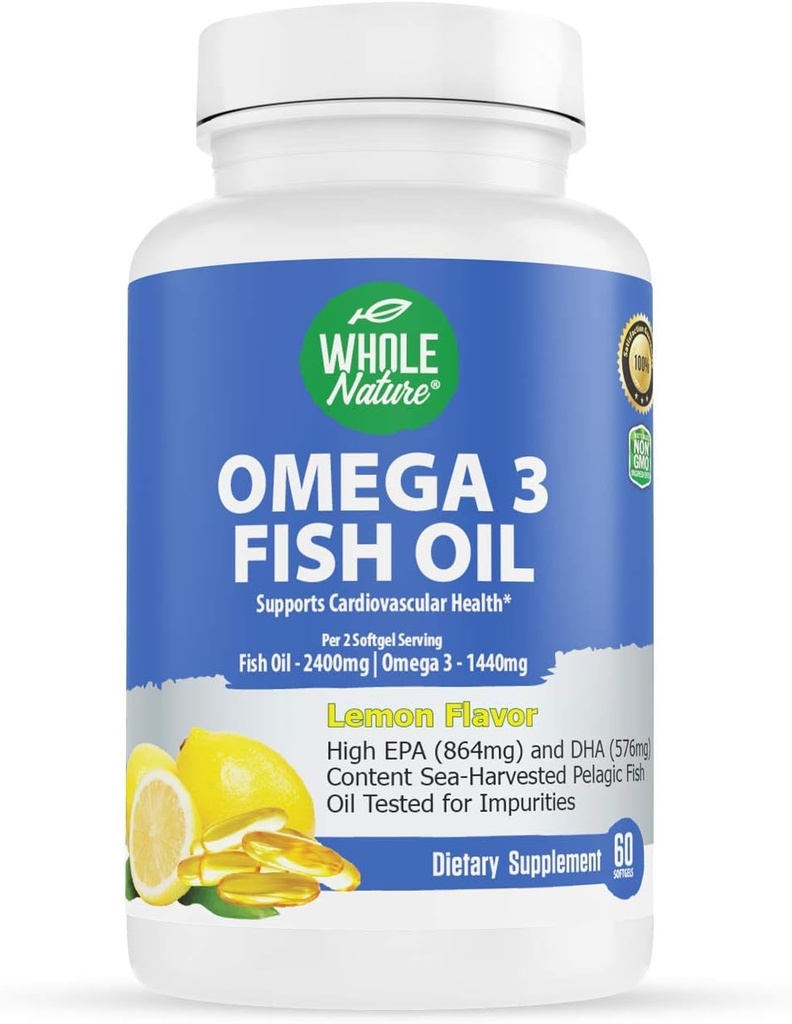 Omega 3 suplementos de aceite de pescado, máxima fuerza 2400 mg Omega-3, 1440 mg de aceite de pescado, EPA DHA ácidos grasos, salud cardíaca, visión, ojo, cerebro, apoyo inmunológico para hombres y mujeres. sabor natural de limón, 60 ct (1)
