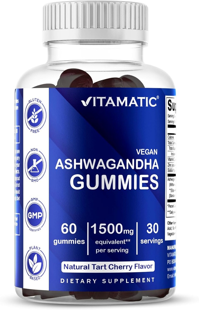Vitamatic Ashwagandha Gummies 1500 mg Equivalente por Serving (de 30:1 Extracto 50 mg) - 60 Gummies Vegan - 3% Withanolides
