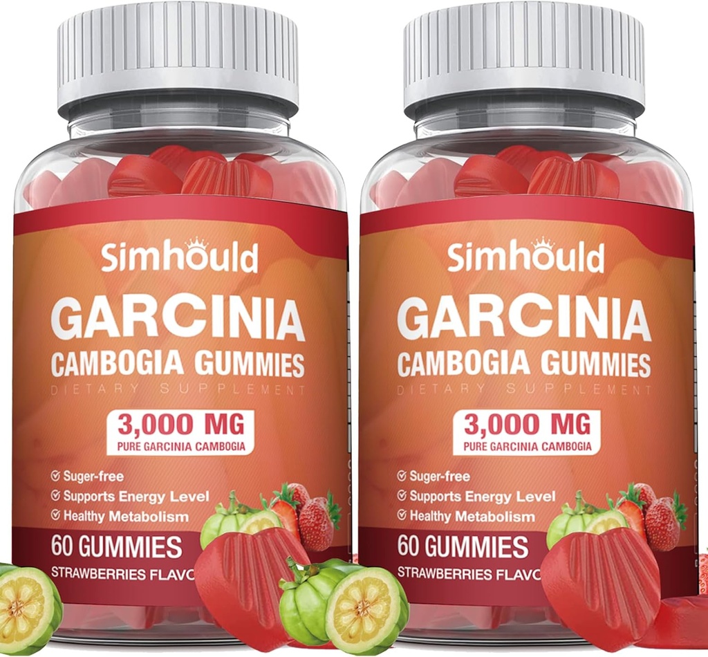 2 Pack Azúcar Garcinia Cambogia Gummies - 3000mg 95% HCA con L-Carnitina, Energía Boost, Fresa Sabor Gummy Easier to Take Than Pills &amp; Capsules 120 Condes