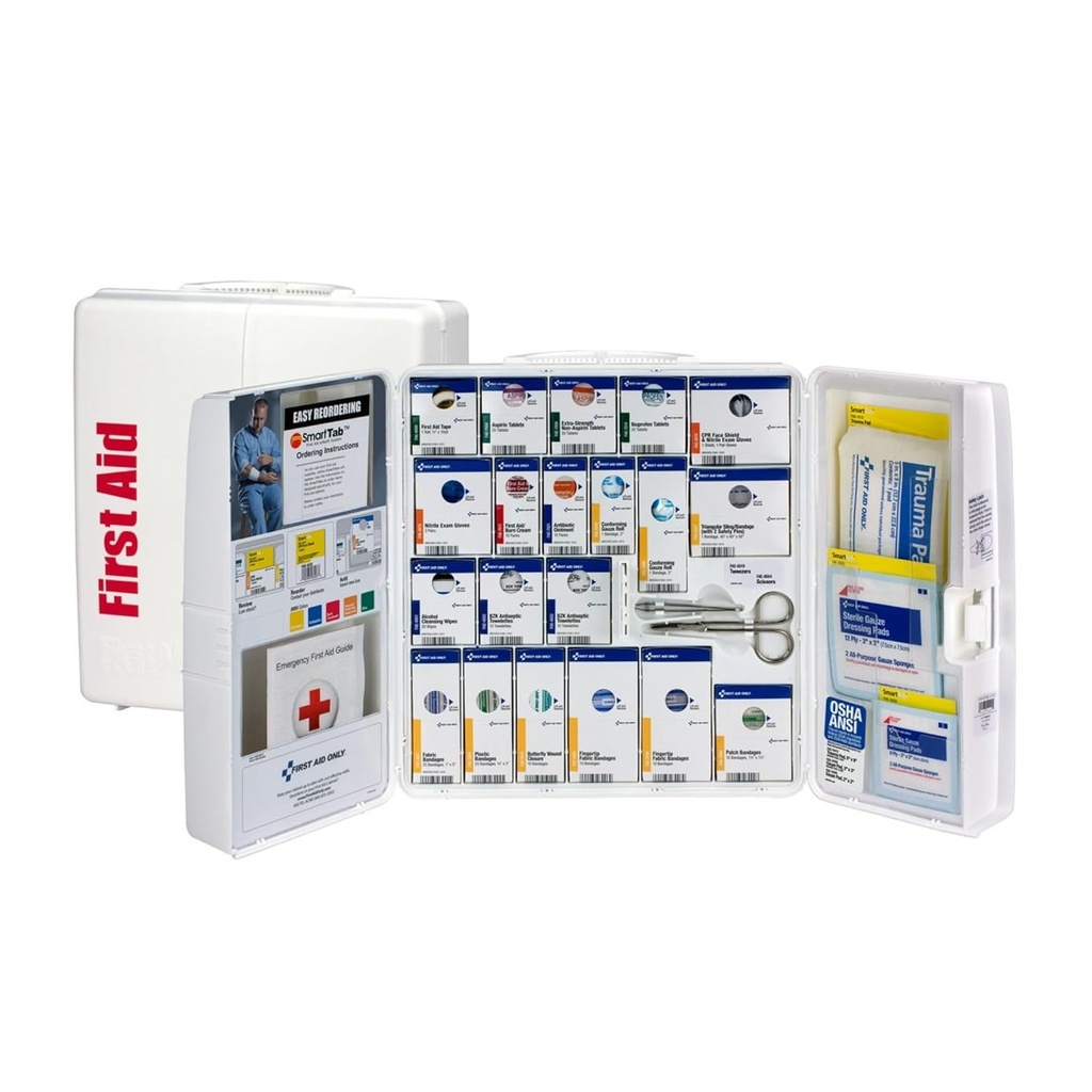 First Aid Only 1000-FAE-0103 SmartCompliance 50-Person OSHA cumple con el Kit de primeros auxilios para negocios, Gran gabinete de primeros auxilios de plástico con medicamentos, 245 piezas