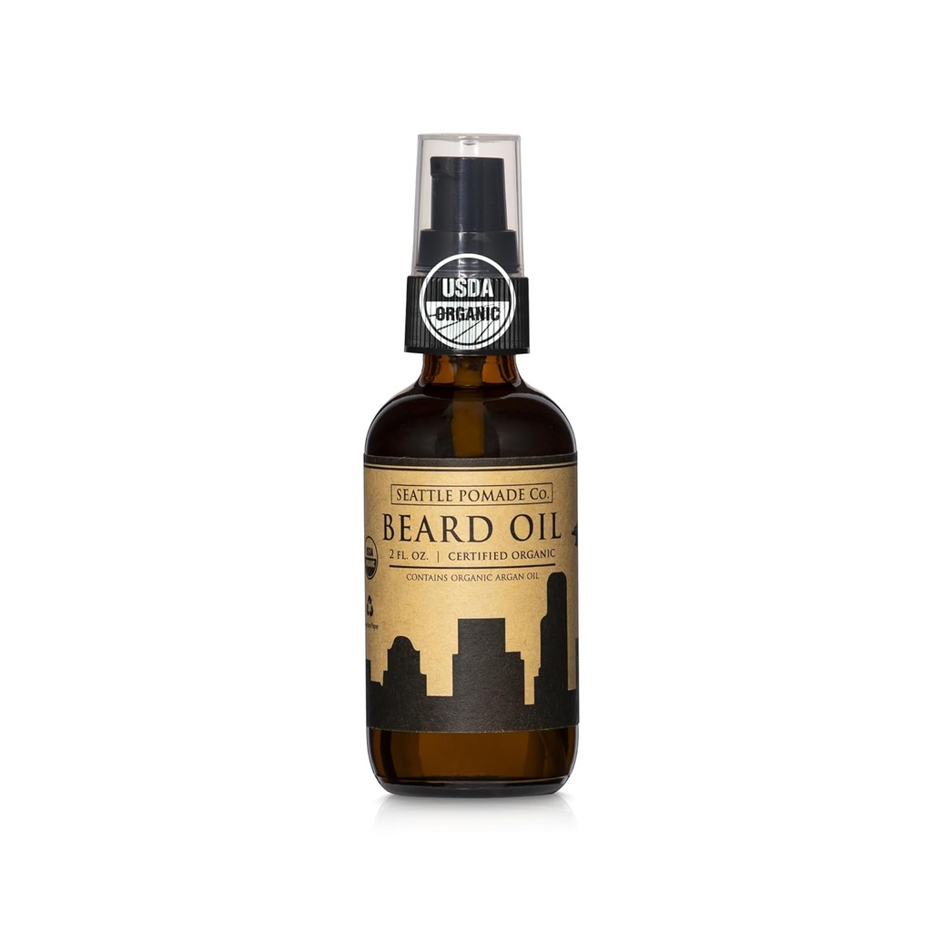 Seattle Pomade Co. Certified Organic Beard Oil for Men, promueve el crecimiento para el cabello facial suave e incubado, Argan y Castor Oil. Materiales orgánicos certificados de origen mundial.