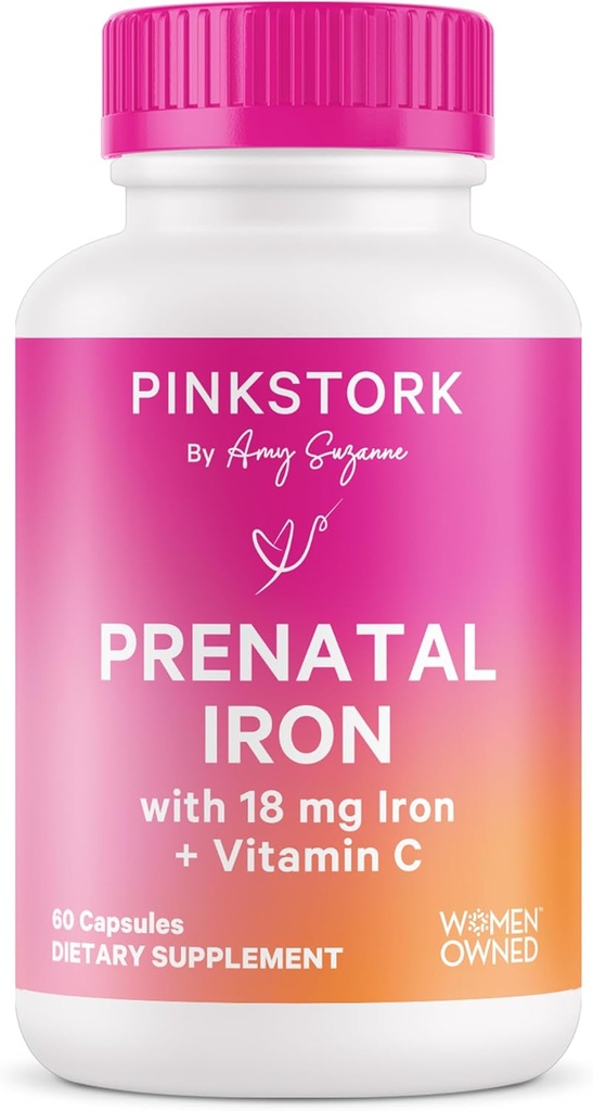 Pink Stork Prenatal Iron Supplement for Women - 18 mg Non-Constipating Iron & Vitamin C for Pregnancy, Postpartum, " Breastfeeding - Focus, Fatigue, " Blood Cell Production - 2 Month Supply