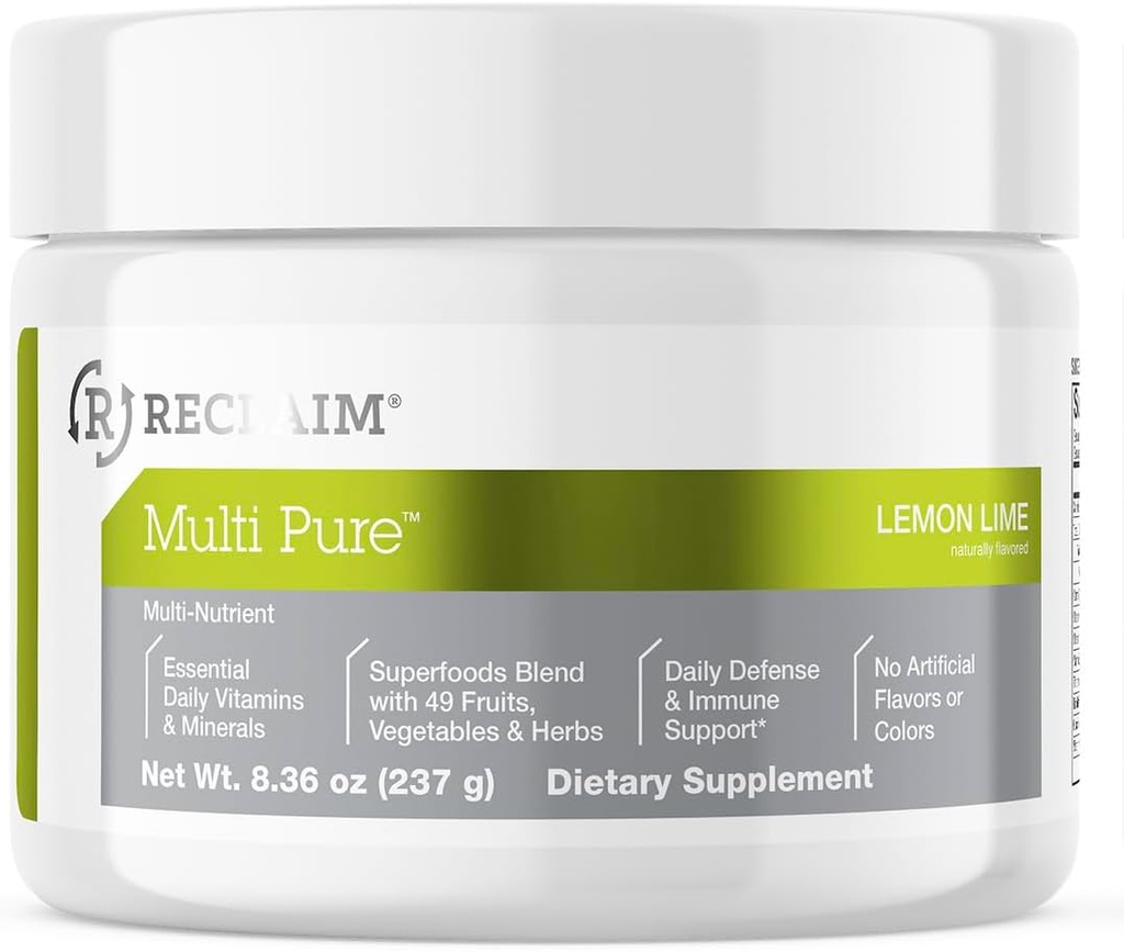 Reclaim Multi Pure Lemon Lime, Immune Support, Vitamin C, Vitamin B Complex, Probiotic, Superfood Powder, Calcium, Magnesium Oxide, (30 Servings) (Lemon Lime)