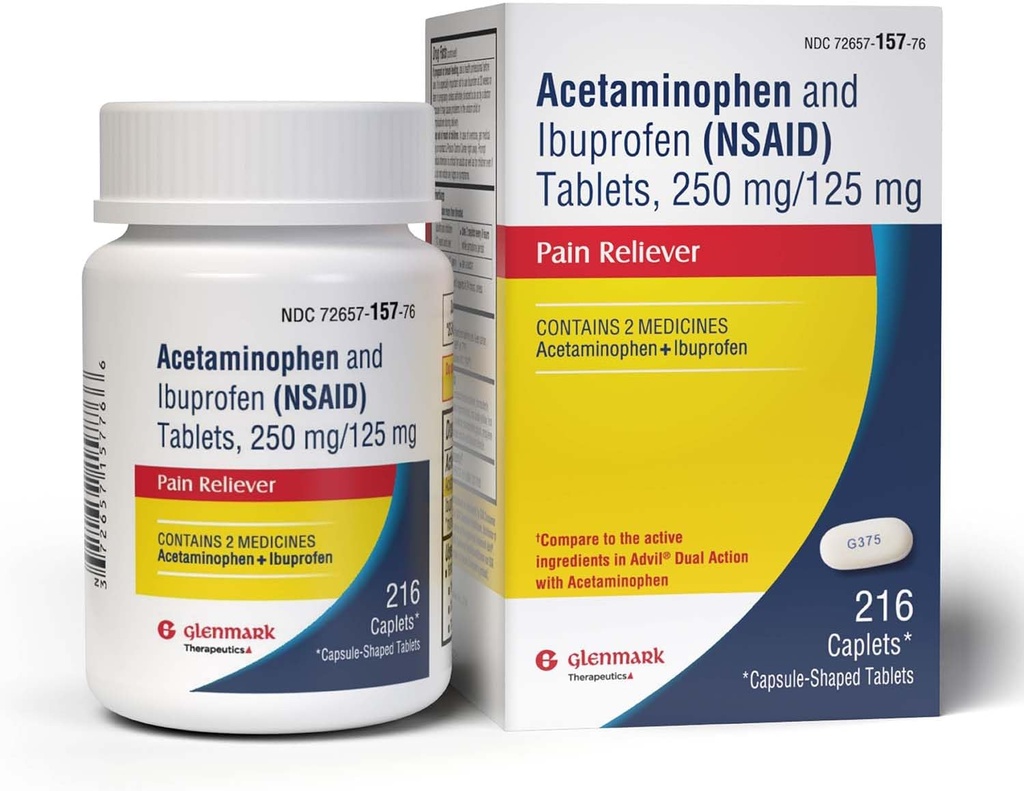 Dual Action Acetaminophen 250mg and Ibuprofen 125mg Caplets, Hasta 8h de Dolor de dolor para dolores menores y dolor, dolor de cabeza, dolor de espalda, calambres menstruales, dolor menor de artritis, 216 Condes