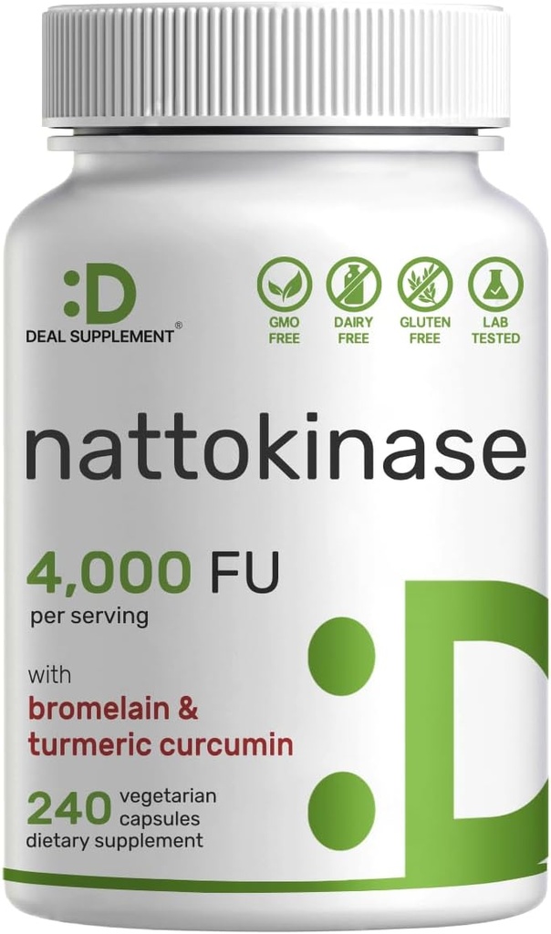 Nattokinase Suplemento 4,000 FU Por Serving, 240 cápsulas vegetarianas – Natto japonés con Bromelain, Curcumina Turmérica &amp; Pepper Negro Complejo – Enzymes Digestivos & Heart Health – Non-GMO, Vegan