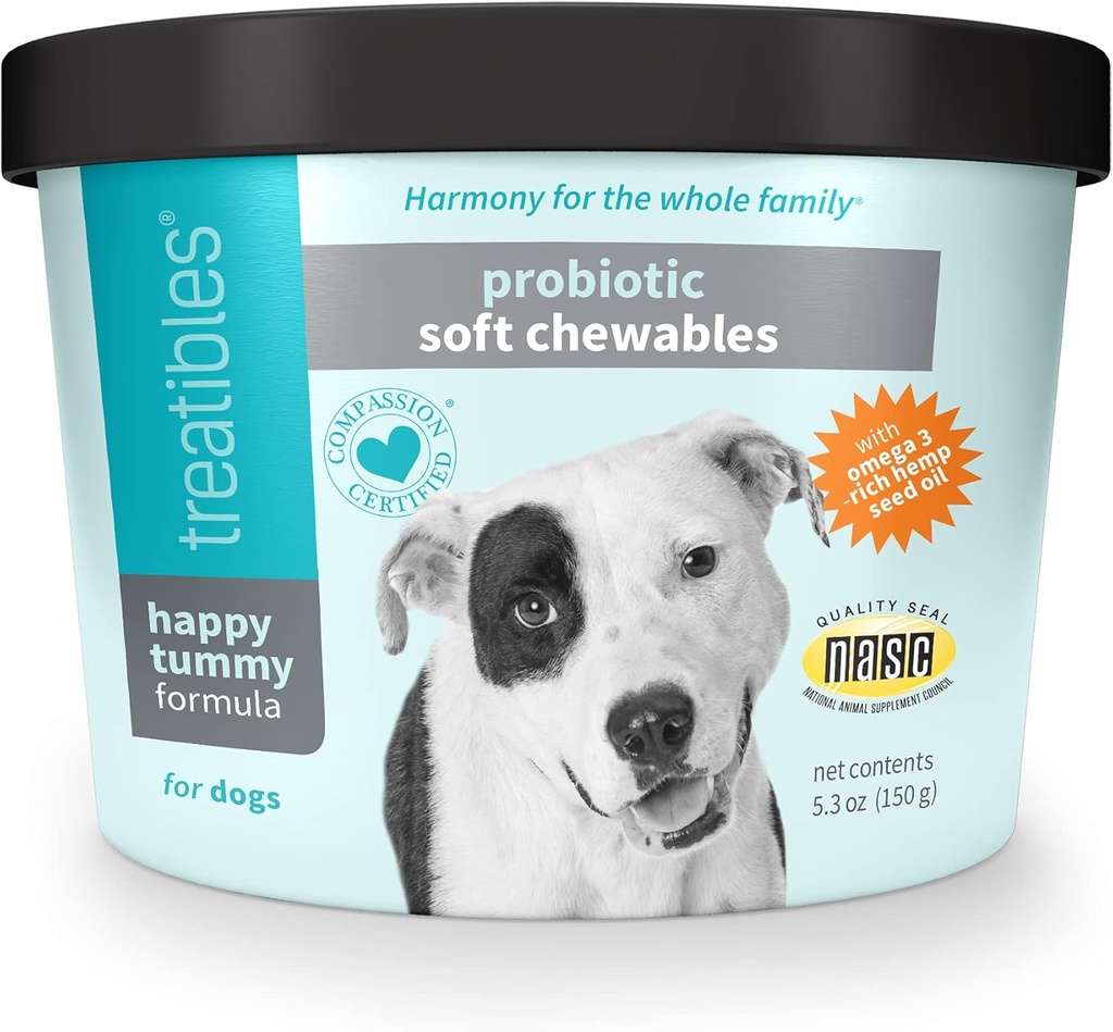 Treatibles Happy Tummy Probiotic for Dogs Soft Chewables, 5.3 oz - Soporte Digestivo, Sistema Inmunitario, Gut Health