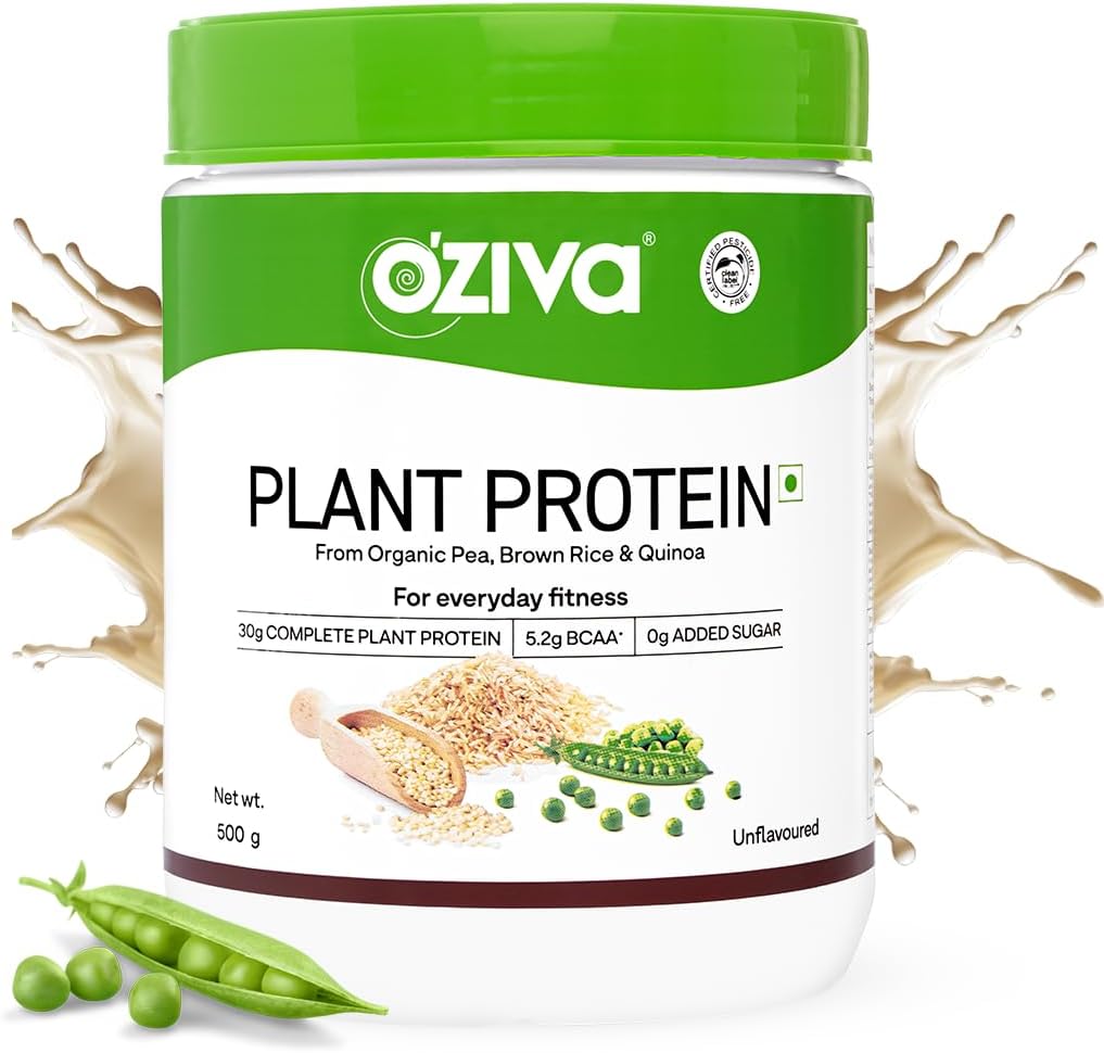 OZiva Planta Orgánica Proteína Polvo Silencio 500 Gm Silencio (30g Vegan Protein - Pea Protein a, Brown Rice Protein & Quinoa, Soy Gratis) para Todos los días Fitness, Boosts Inmunity, Unflavored (1.1 lb)