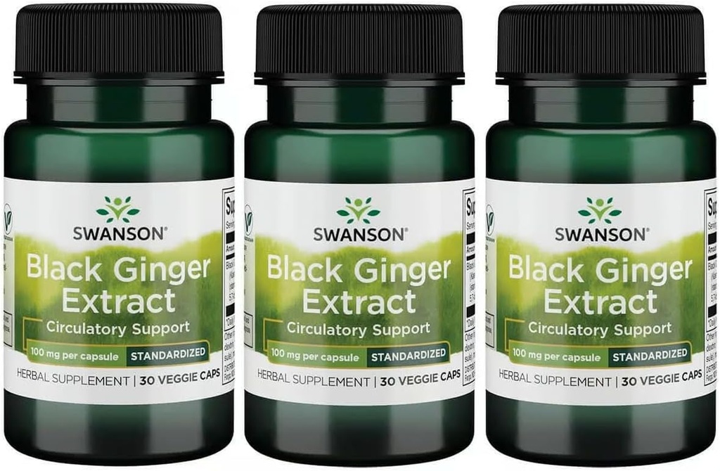 Extracto de jengibre negro Swanson - promueve la circulación sanguínea saludable y el Vigor físico - May Aid Heart Health, Muscle Tissue, y el bienestar mental - (30 cápsulas vegetales, 100 mg cada uno) (3 Pack)
