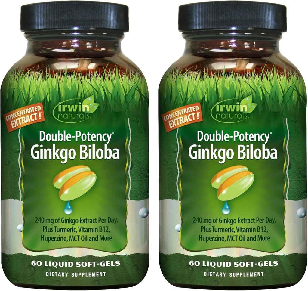 Irwin Naturals Doble Potencia Ginkgo Biloba – 60 Líquidos Soft-Gels – Cerebro, Focus &amp; Circulación Soporte - 2 Pack