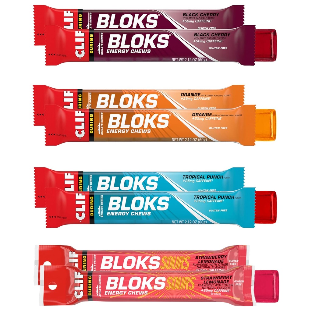 Bloks Clif - Mandíbulas de energía con Caffeine - Empaquetado de Variedad - No GMO - Basado en Planta - Combustible rápido para Ciclismo y Correr - Carbohidratos rápidos y electrolitos - 2.12 oz. Packets (8 Conde)