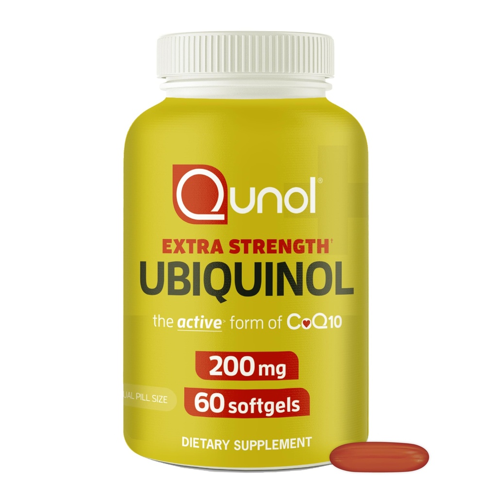 Qunol 200mg Ubiquinol, potente antioxidante para el corazón y la salud vascular, esencial para la producción de energía, Suplemento natural Forma activa de CoQ10, 60 Cuenta