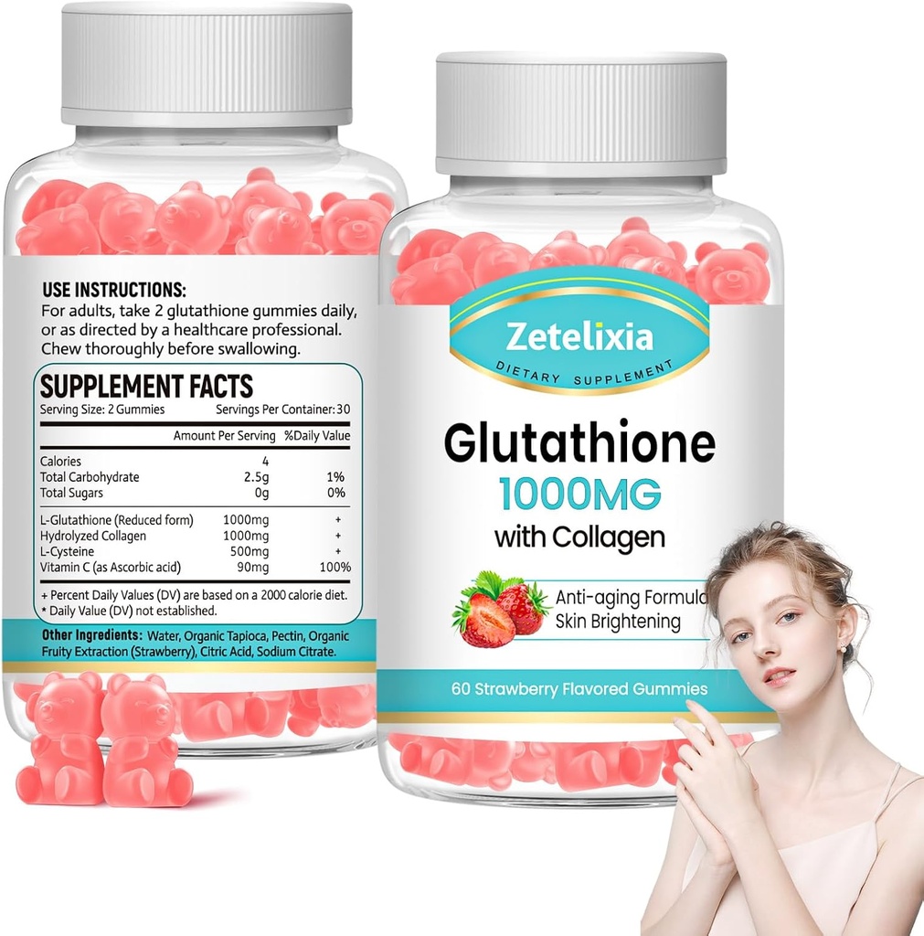 2 Pack Glutathione Collagen Gummies, Collagen Gummies with Vitamin C, Suplemento de Glutathione para Mujeres, Peluquerías Nails Muscle & Conjunto, Anti-Aging, Vegan, Sugar Free, Strawberry Flavor, 120 Condes