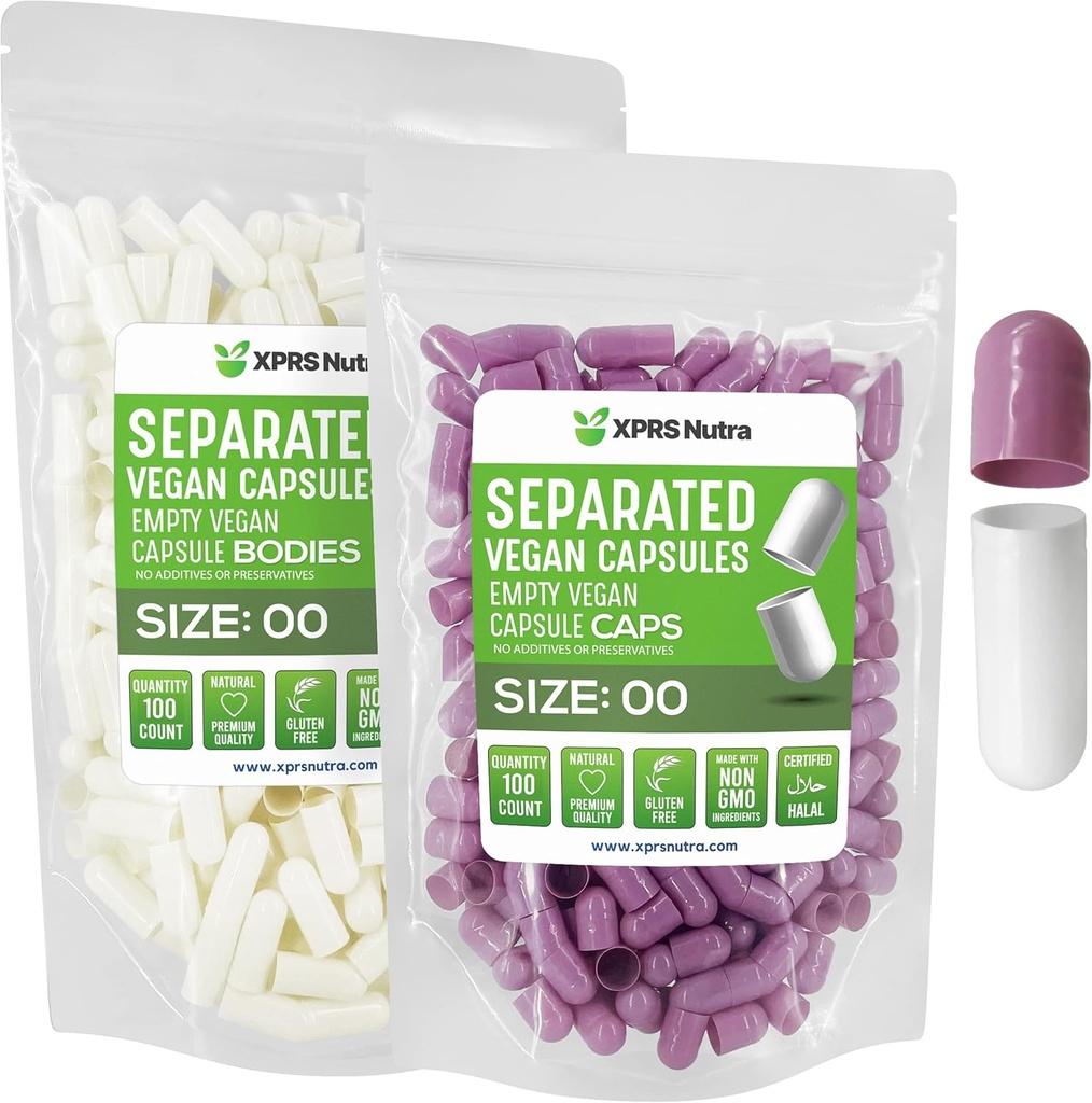 XPRS Nutra Vegan Tamaño 00 cápsulas separadas - 100 cápsulas de vacío premium de cuenta separadas en bolsas - 00 pastillas vacío para relleno de suplementos de bricolaje (Lavanda / Blanco)