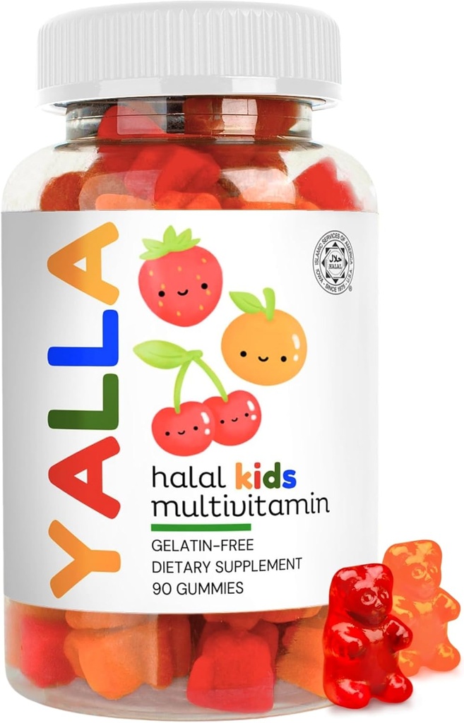 Vitaminas Halales YALLA para Niños, Mangas Multivitamínicas para Niños Halales, Suministro de 45-90 Días, Vitaminas Esenciales con C, D3, Zinc para Inmunidad, B6 B12 para Energía, Certificado ISA, Gelatina Gratis