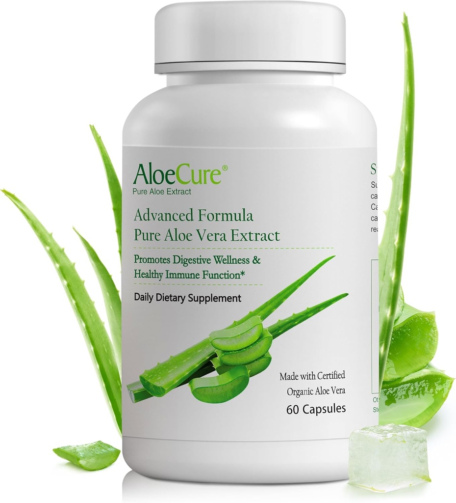 AloeCure Organic Aloe Vera Capsules, 160,000mg Inner Aloe Leaf Equivalent per Serving, Support Gut, Digestive, & Immune Health, Helps Maintain Balanced Stomach Acidity, Aloin Free, 60 cápsulas