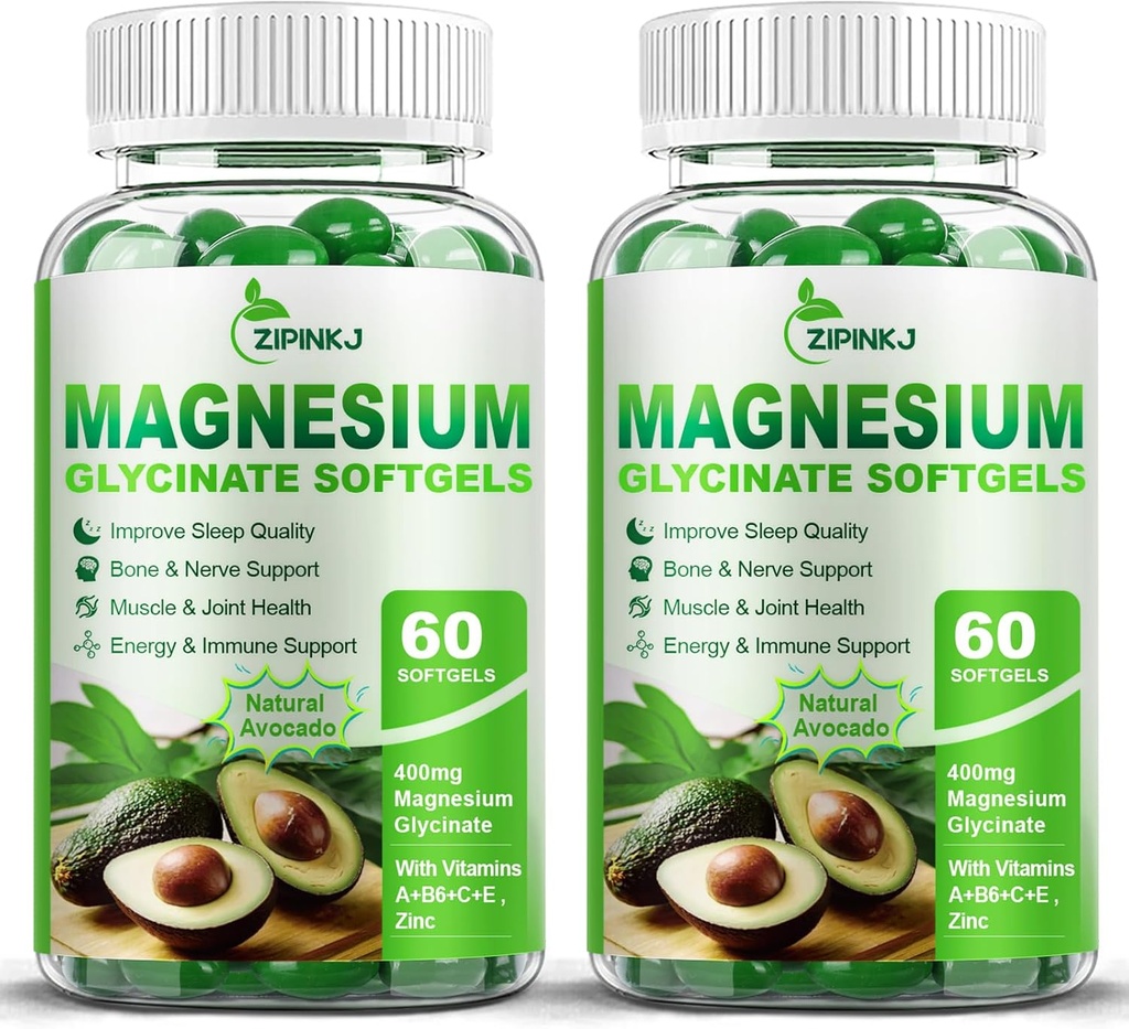 High Absorption Magnesium Glycinate Softgels, Magnesium Supplements 400mg con Zinc, Vitamina E, B6 para Mujeres Hombres, Mejorar el sueño, relajación muscular & Bone Health, Gluten-Free, No GMO, 2 Pack