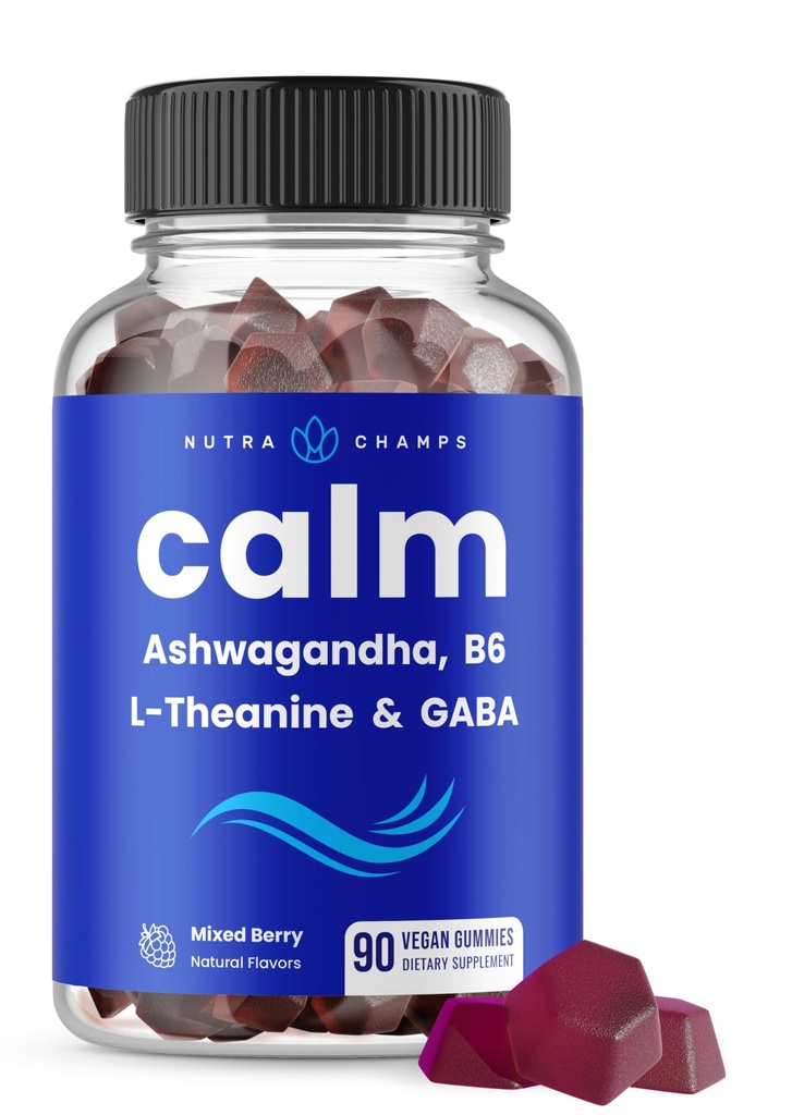 NutraChamps Calm Gummies, Stress Gummies Suplemento con Ashwagandha, L-Theanine, GABA, Vitamina B6 &amp; Lemon Balm, Supports Mood, Focus &amp; Stress Relief, Natural Berry, 90 Gummies