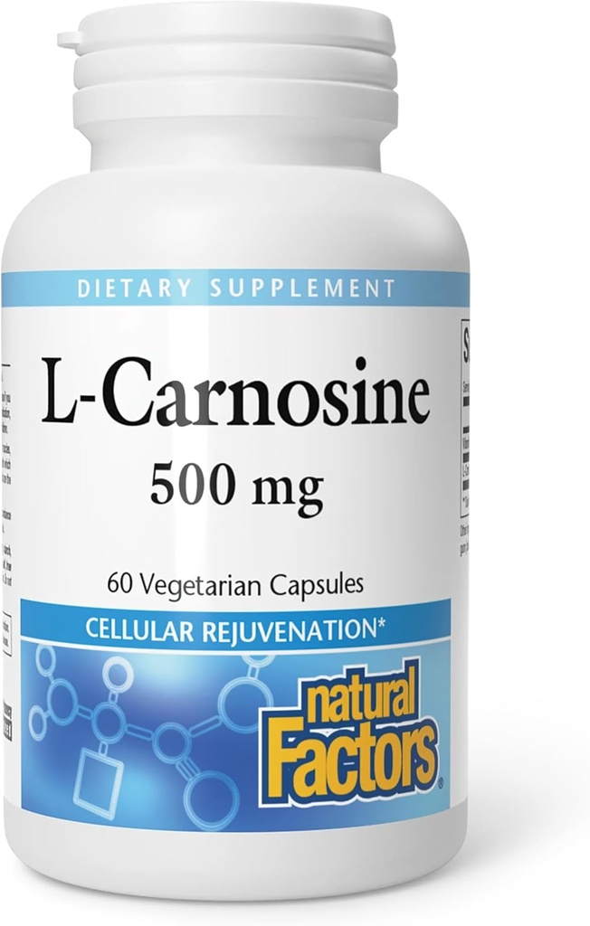 Factores naturales, L-Carnosina 500 mg, soporta el envejecimiento saludable, el músculo y la función cerebral, suplemento dietético, 60 cápsulas (60 porciones)