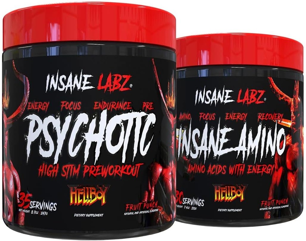 Insane Labz Hellboy Bundle, Psychotic Hellboy Pre Workout y Insane Amino BCAA, Aumentar Masa muscular, Fuerza, Enfoque y Tiempo de Recuperación, Fruit Punch